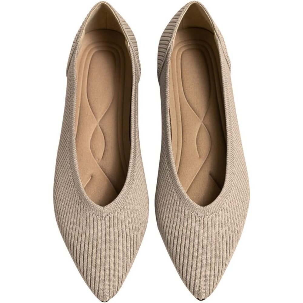 Women's Beige Flats Pointed Toe Knit Ballet breathable Comfortable Rubber Shoes